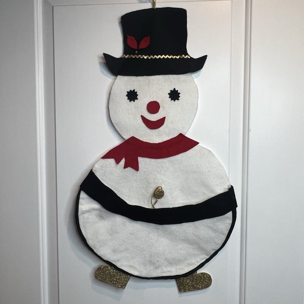 Vtg 24" Felt Christmas Snowman Wall Hanging Card Holder Pocket Handmade Kitsch